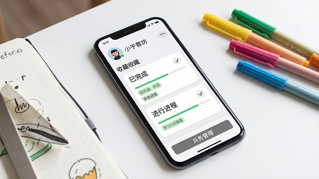 一张展示小小创意工坊个人中心页面的手机界面图,屏幕中显示用户的收藏列表和学习进度,有已完成和进行中的教程卡片,每个卡片有进度条和标签,屏幕上方有用户头像和昵称,下方有分类管理按钮,手机放在简约的白色桌面上,旁边有一本手账本和几支彩色笔,风格清爽干净,画质高清,无多余元素