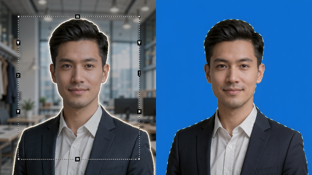 咔图AI智能抠图功能演示,主体是一个人物从复杂的背景中被精准抠出,布局为左右对比,左侧是原图,右侧是抠图后换上了纯色背景,排版简洁,风格为商务实用风,细节上包含虚线选区和高亮边缘,画质高清,干净,无多余元素