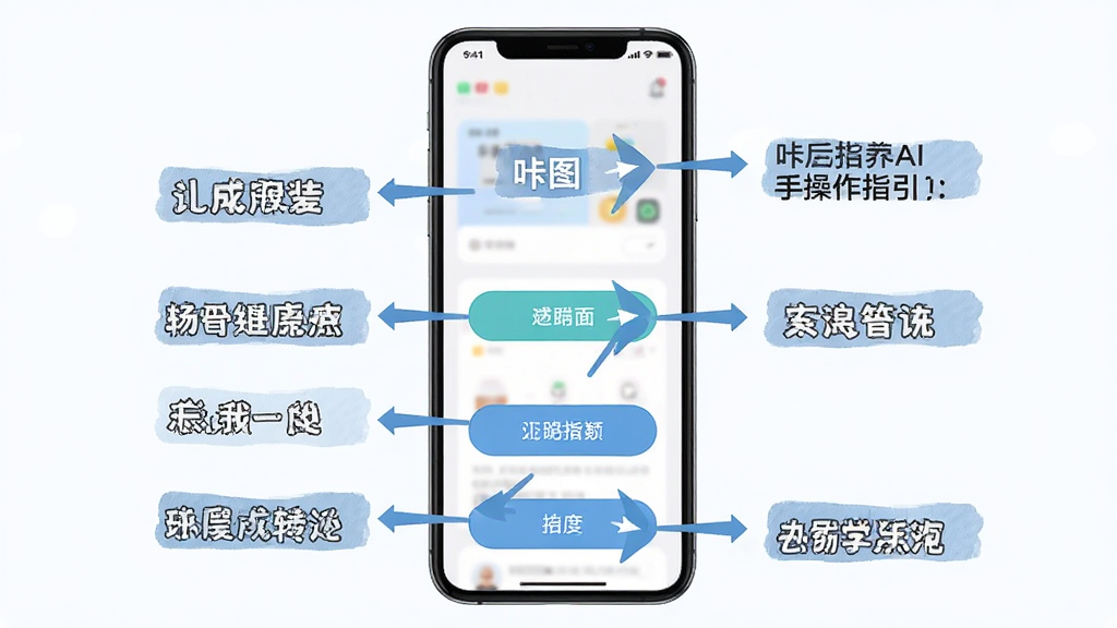 咔图AI新手操作指引图,主体是一个手机屏幕截图,上面标注了各个功能按钮的位置和说明文字,布局为竖向排列,排版清晰有序,风格为扁平化教学风,细节上包含箭头指示和文字标注,画质高清,干净,无多余元素