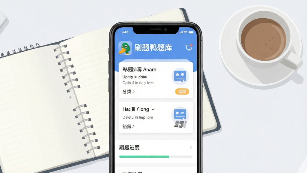 一张展示刷题鸭题库软件主界面的手机应用截图风格图片,画面中央是一部竖屏智能手机,手机屏幕上显示题库分类列表和刷题进度条,背景是简洁的书桌场景,桌上放着一本翻开的笔记本和一杯咖啡,整体布局为手机居中、左右两侧留白,排版采用上下结构上方为软件logo下方为功能展示区,风格为清新扁平化插画风,细节包括手机屏幕内的题目卡片、答题卡图标、错题本标记,画质高清、干净、无多余元素。