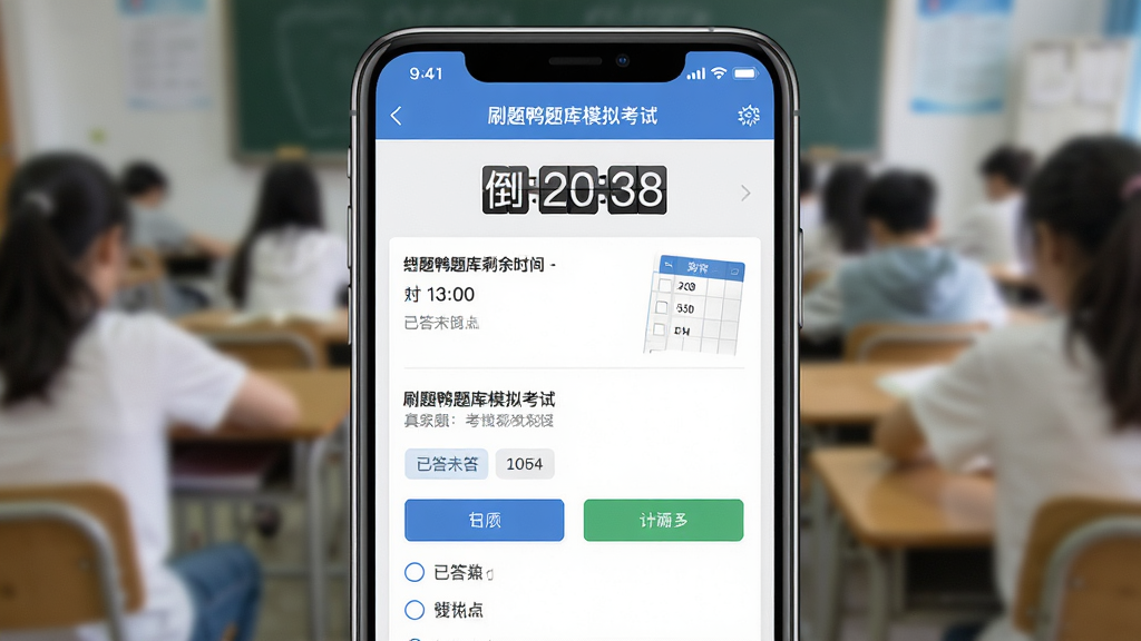一张展示刷题鸭题库模拟考试功能的图片,主体是一部横屏手机显示模拟考试界面,界面上有倒计时器、答题卡、题目区域和选项按钮,布局为手机居中、背景为虚化的考场场景,排版采用横向构图突出手机屏幕内容,风格为写实UI风格,细节包括屏幕上的考试科目名称、剩余时间数字、已答未答题目数量标记,画质高清、干净、无多余元素。
