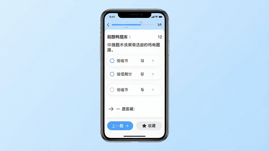一张展示刷题鸭题库手机端刷题界面的图片,主体是一部竖屏手机显示选择题答题页面,屏幕上有题目文字、四个选项按钮、底部有上一题下一题和收藏按钮,布局为手机居中、背景为浅蓝色渐变,排版采用竖向构图突出手机屏幕,风格为简洁UI设计风格,细节包括屏幕顶部的进度条、题目编号、选项前的圆形选择框,画质高清、干净、无多余元素。