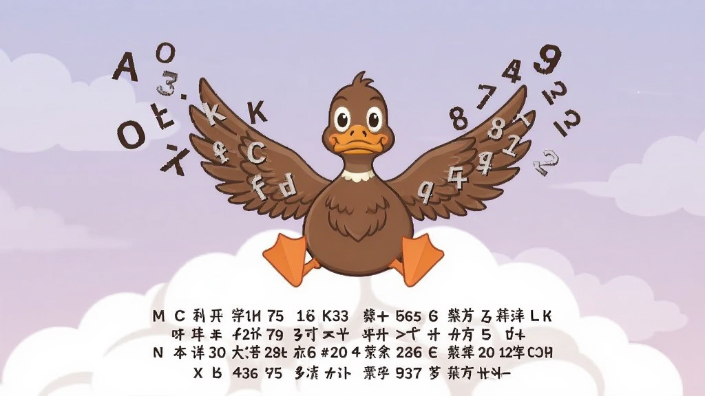 一只卡通鸭子坐在云朵上,翅膀中飘出字母和数字符号,下方是整齐排列的文本行,背景为淡紫色天空,整体布局为上下结构,风格为梦幻扁平插画,细节包括符号清晰、云朵蓬松,画质为高清2K,干净无多余元素