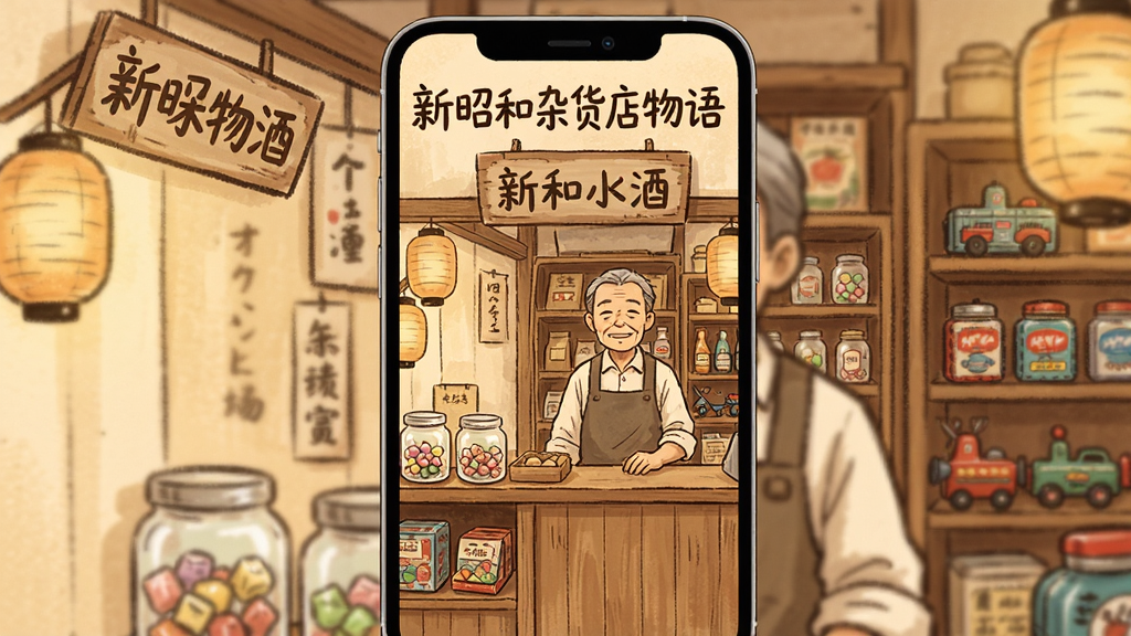 手机屏幕中显示一家温馨的日式昭和风格杂货店,木质货架上摆满各种复古商品,一位店主站在柜台后微笑,画面采用暖色调手绘插画风格,布局为竖版手机界面,细节包括老式招牌、纸灯笼、玻璃罐糖果、铁皮玩具,画质清晰干净,无多余元素,标题文字“新昭和杂货店物语”出现在画面顶部