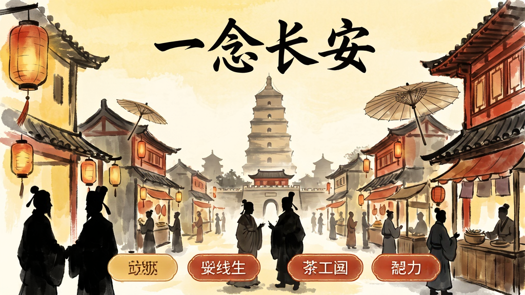 一念长安 古风剧情互动软件主界面预览图,画面中央是盛唐长安城繁华街景,远处大雁塔轮廓隐约可见,近处有古装人物剪影,整体采用手绘国风水墨与淡彩结合风格,色调以暖黄与朱红为主,布局上方为软件名称“一念长安”四字,下方为功能入口按钮,细节包含灯笼、纸伞、茶肆等唐代元素,画质高清干净,无多余杂乱元素