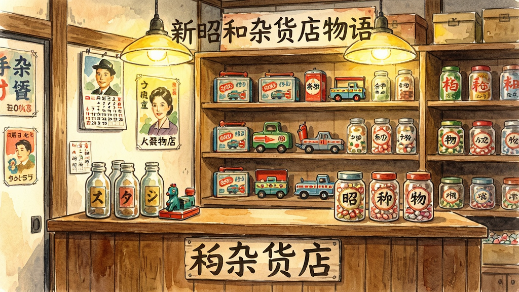 日式昭和年代杂货店内部场景,木质柜台和货架,货架上摆放着玻璃瓶、铁皮玩具、老式糖果罐,墙上挂着复古海报和日历,暖黄色灯光,手绘水彩风格,画面干净整洁,主体突出,画质细腻,无多余元素,画面中带有“新昭和杂货店物语”文字标识