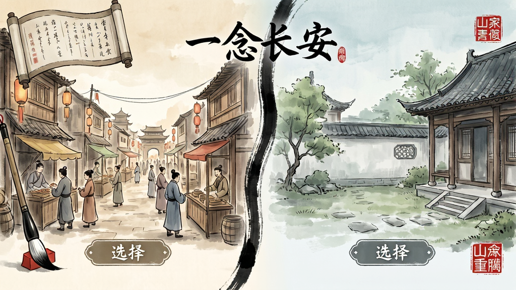 一念长安 剧情分支选择界面预览图,画面展示两条不同走向的剧情路线,左侧是繁华市井场景,右侧是幽静庭院场景,中间以水墨线条分隔,界面中带有“一念长安”字样与选择按钮,风格为古风手绘,色调柔和,细节包含卷轴、毛笔、印章等元素,画质清晰干净,无多余装饰