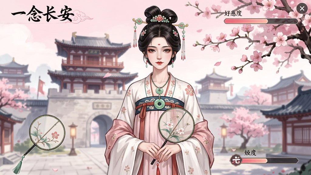 一念长安 古风角色养成界面预览图,画面中央是一位身着唐制齐胸襦裙的女性角色立绘,背景为长安城楼与桃花树,界面四周有“一念长安”字样与好感度进度条,风格为唯美国风手绘,色调粉白与黛青相间,细节包含团扇、玉佩、发簪等,画质高清干净,无多余元素