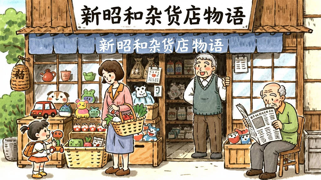 昭和风格杂货店门前,几位不同年龄的顾客正在挑选商品,有小孩拿着玩具、主妇提着菜篮、老人看着报纸,店主在门口微笑迎接,画面采用温暖色调的手绘插画风格,布局为横版场景,细节丰富,画质清晰,无多余元素,店铺招牌上写着“新昭和杂货店物语”