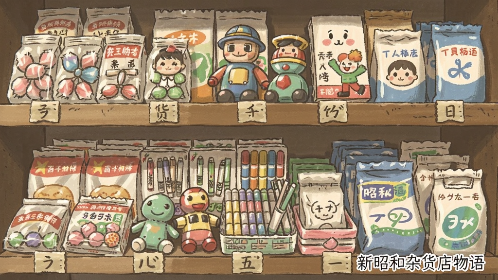 杂货店货架特写,货架上摆满各种昭和风格商品,包括糖果、玩具、文具、日用品,每种商品都带有小标签,画面采用手绘风格,色彩柔和,布局整齐,细节精致,画质干净,无多余元素,画面角落有“新昭和杂货店物语”字样