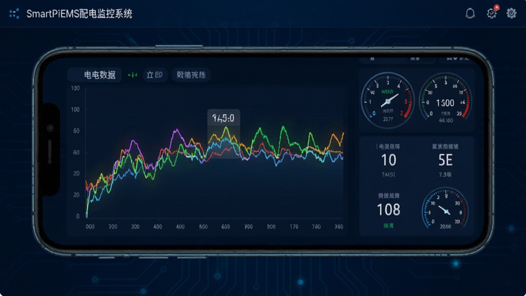 SmartPiEMS配电监控系统实时数据监控界面,画面中手机屏幕显示彩色电参数曲线图与数字仪表盘,背景为深色科技蓝,数据线条发光,整体风格简洁专业,细节清晰,画质干净,无多余元素