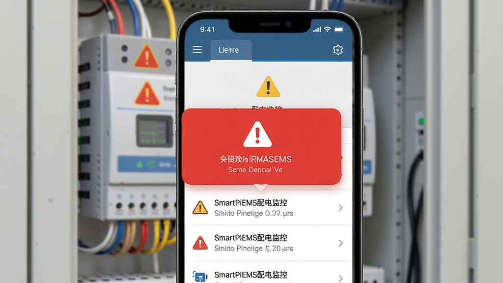 SmartPiEMS配电监控系统告警推送界面,手机屏幕显示红色告警弹窗与告警列表,背景为浅灰色配电柜,画面中有醒目的警示图标,整体风格清晰直观,细节丰富,画质干净,无多余元素