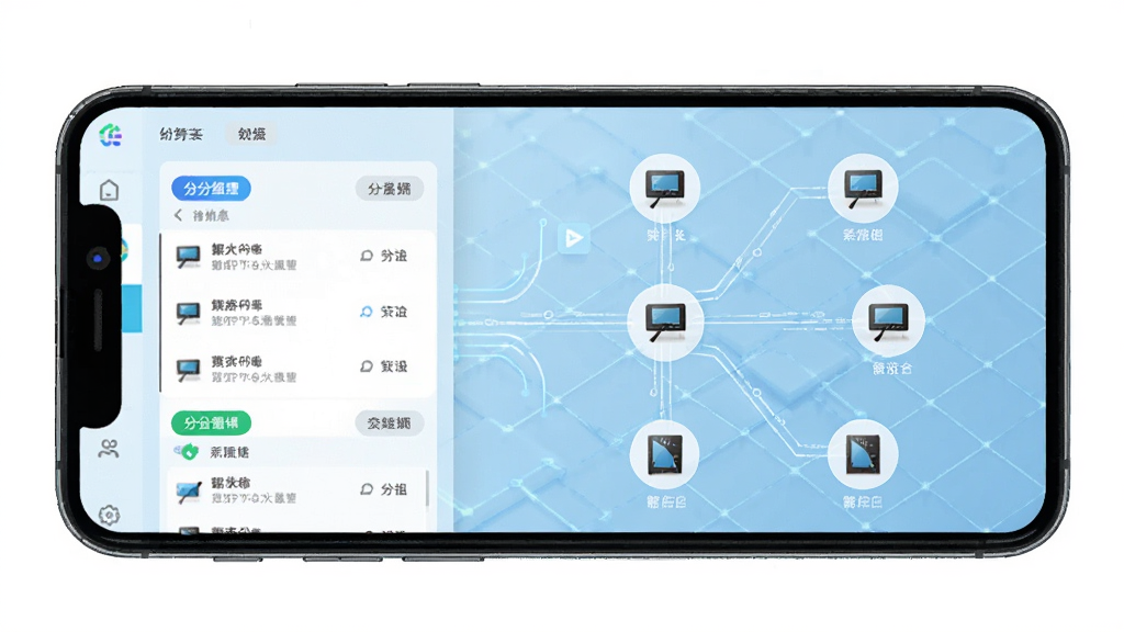 SmartPiEMS配电监控系统多设备管理界面,手机屏幕显示设备列表与分组标签,背景为浅蓝色科技网格,画面中有多个设备图标通过线条连接,整体风格现代简约,细节清晰,画质干净,无多余元素