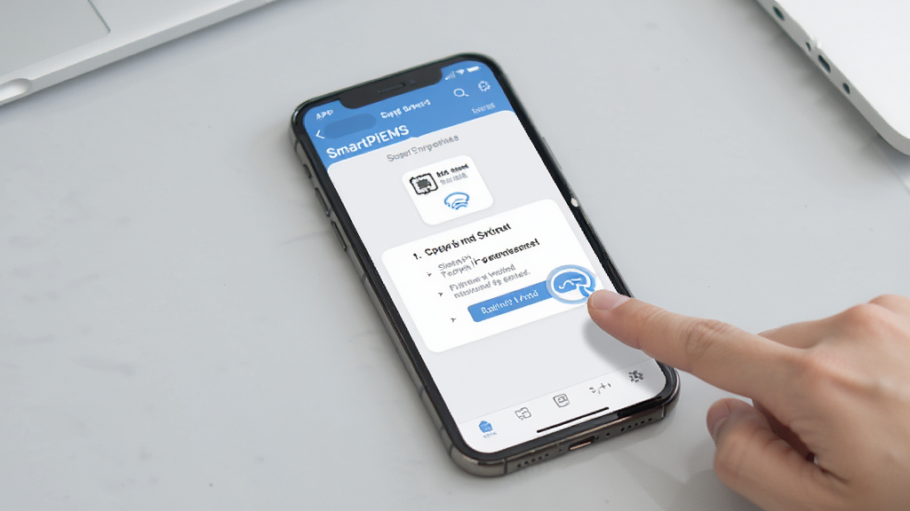 SmartPiEMS配电监控系统新手操作指引图,画面中手机屏幕显示APP安装与权限设置步骤,旁边有手指点击图标,背景为浅灰色桌面,整体风格简洁明了,细节清晰,画质干净,无多余元素