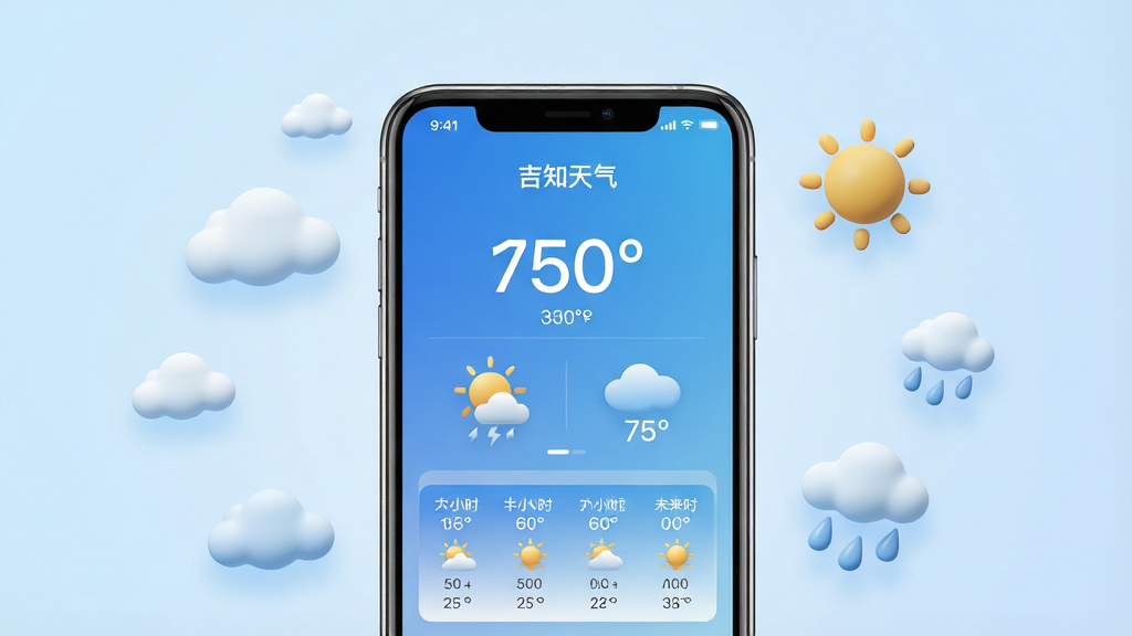 一幅展示吉知天气应用核心界面的手机屏幕设计图,画面中央是一部现代智能手机,屏幕上显示着“吉知天气”的蓝色渐变界面,包含温度数字、天气图标、未来几小时预报条。手机周围环绕着简约的云朵、太阳、雨滴等立体图标,背景为柔和的浅蓝色渐变。排版居中对称,风格清新科技,细节精致,画质高清,画面干净,无多余元素。