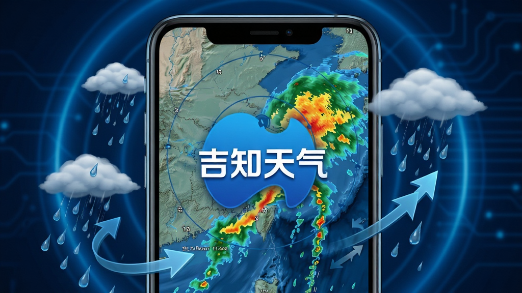 一幅描绘吉知天气分钟级降水预报功能的AI生图,画面主体是一个展示雷达回波图的手机屏幕,屏幕内有一个醒目的“吉知天气”标志。周围环绕着雨滴、云层和动态箭头,表现出雨带移动的视觉效果。布局为手机特写居中,背景为深蓝色科技感光晕。风格写实且带有科技感,细节清晰,画质细腻,画面干净,无多余元素。