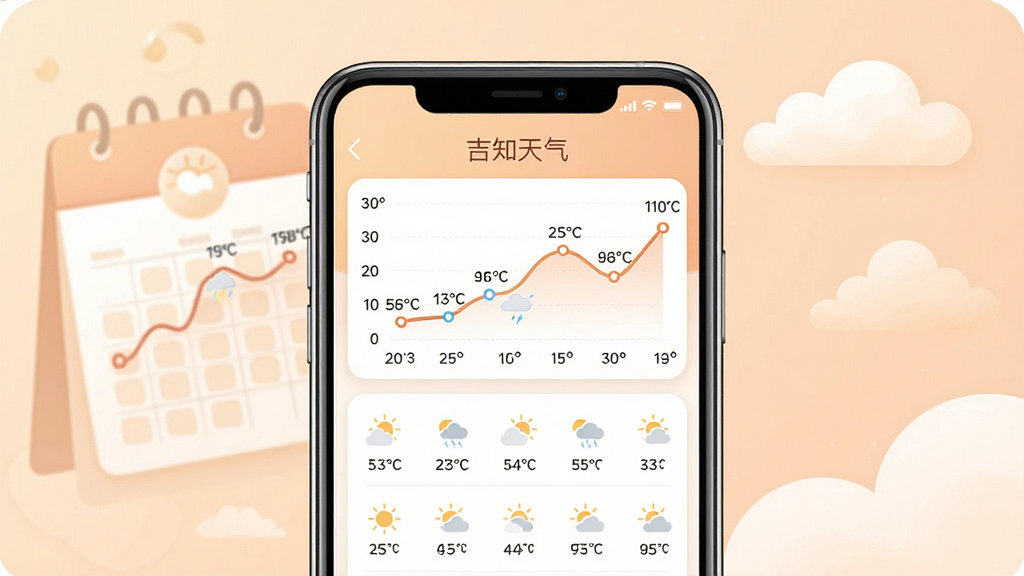 一幅展示吉知天气十五日天气趋势的手机界面图,画面主体是一部手机,屏幕上显示着带有温度折线图和多日天气图标的列表,顶部有“吉知天气”字样。画面采用柔和的暖色调,背景有淡雅的日历和云朵装饰,排版简洁,风格现代,画质清晰,画面干净,无多余元素。