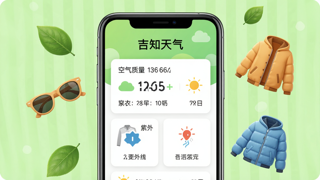 一幅体现吉知天气生活指数功能的AI生图,画面中心是手机屏幕,显示着带有空气质量指数和穿衣、紫外线等图标的生活指数卡片,屏幕上方有“吉知天气”文字。周围漂浮着绿叶、太阳镜、外套等生活化元素,背景为明亮的浅绿色。风格清新自然,排版活泼,画质高清,画面干净,无多余元素。