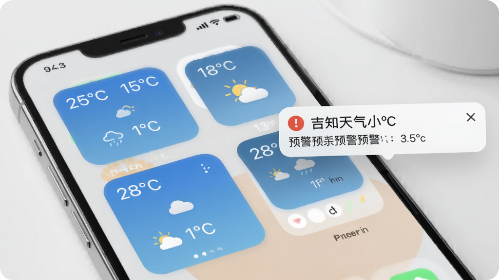 一幅展示吉知天气桌面小组件功能的AI生图,画面主体是手机主屏幕,桌面上放置着不同尺寸的吉知天气小组件,显示着温度和天气图标,屏幕背景为简洁壁纸。画面中手机旁边有通知气泡弹出,显示预警信息。风格干净明亮,排版清晰,画质高清,画面无多余元素。