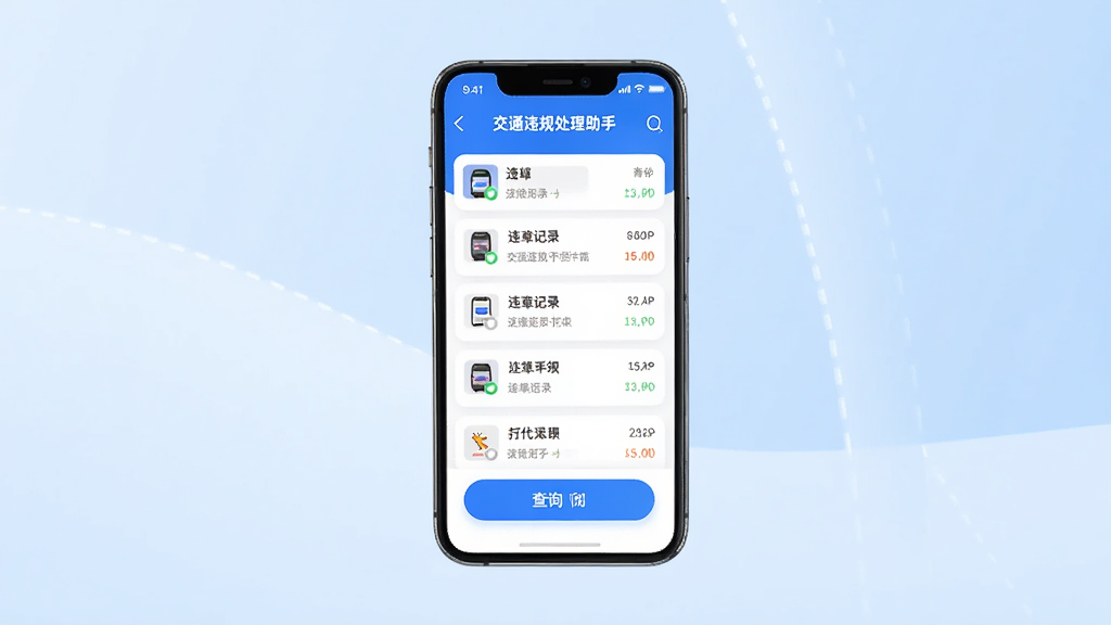 主体为一部智能手机,屏幕显示交通违规处理助手界面,布局为手机居中放置,背景为浅蓝色渐变,排版简洁,风格现代科技感,细节包括界面上的违章记录列表和查询按钮,画质清晰,干净,无多余元素