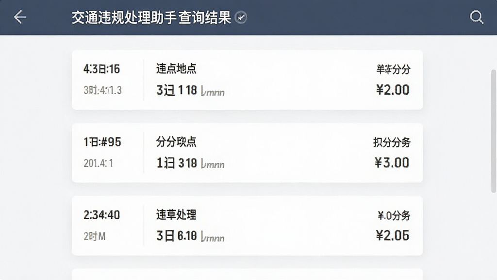 主体为交通违规处理助手查询结果页面,布局为纵向列表展示多条违章记录,排版整齐,风格简约商务,细节包括每条记录的时间、地点、扣分和罚款金额,画质清晰,干净,无多余元素