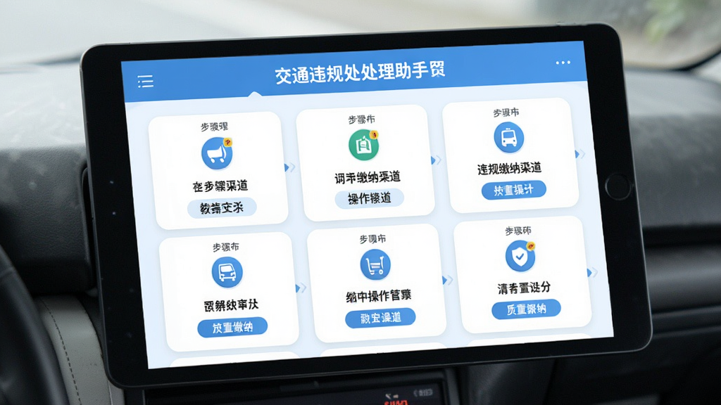 主体为交通违规处理助手罚款缴纳指引页面,布局为分步骤说明卡片式排列,排版清晰,风格清新浅色,细节包括缴纳渠道图标和操作步骤文字,画质清晰,干净,无多余元素