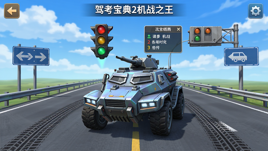 一张横版手机游戏界面截图,主体是驾考宝典2机战之王的主菜单画面,画面中央停放着一辆未来感十足的装甲战车,战车上方悬浮着交通信号灯和答题面板,背景是宽阔的公路与蓝天白云,布局采用居中对称式,排版清晰,风格为卡通写实混合风,细节包括路边的指示牌和轮胎痕迹,画质高清,干净,无多余元素。
