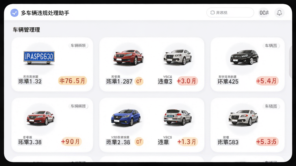 主体为交通违规处理助手多车辆管理界面,布局为卡片式车辆列表,排版简洁,风格柔和圆角,细节包括每辆车的车牌号和违章数量标识,画质清晰,干净,无多余元素
