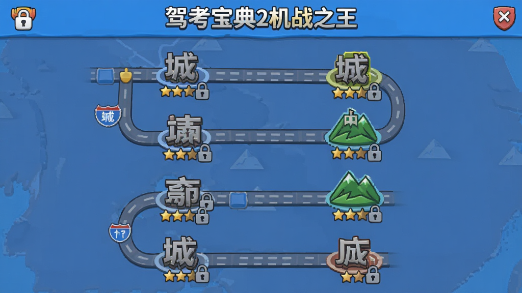 一张游戏关卡选择界面图,主体是驾考宝典2机战之王的地图页面,上面标注了城市、高速、山区等不同公路关卡节点,布局为纵向卷轴式,排版直观,风格为扁平化卡通,细节包括关卡星级和锁定图标,画质明亮,干净,无多余元素。
