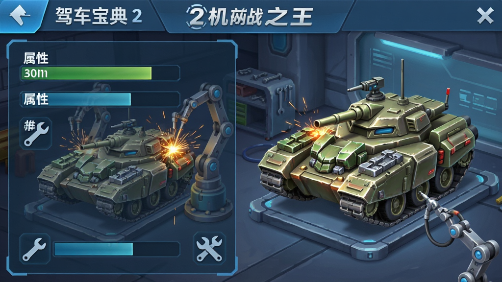 一张战车升级界面图,主体是驾考宝典2机战之王的改装车间,画面中一辆战车正在被机械臂升级装甲,布局为左右分栏,左侧是属性条,右侧是战车模型,排版工整,风格为科技感卡通,细节包括火花和扳手图标,画质细腻,干净,无多余元素。