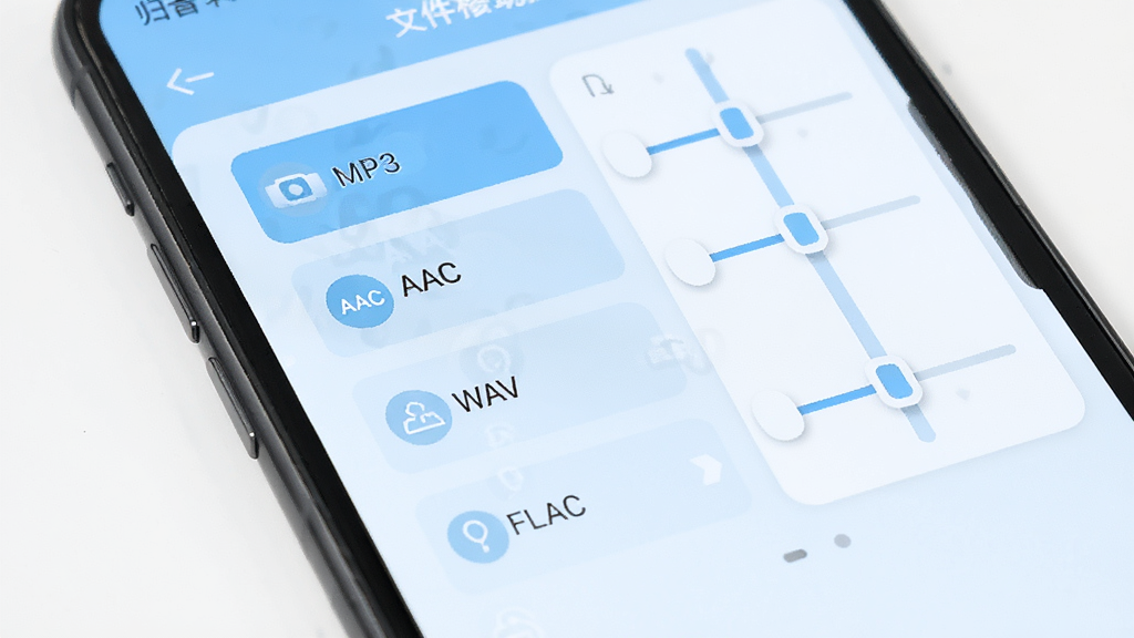 归音格式转换功能展示,手机屏幕中央显示文件格式选择列表,包含MP3、AAC、WAV、FLAC等选项,右侧有参数调节滑块,界面采用卡片式布局,浅蓝色调,风格清新,细节精致,画质干净无多余元素