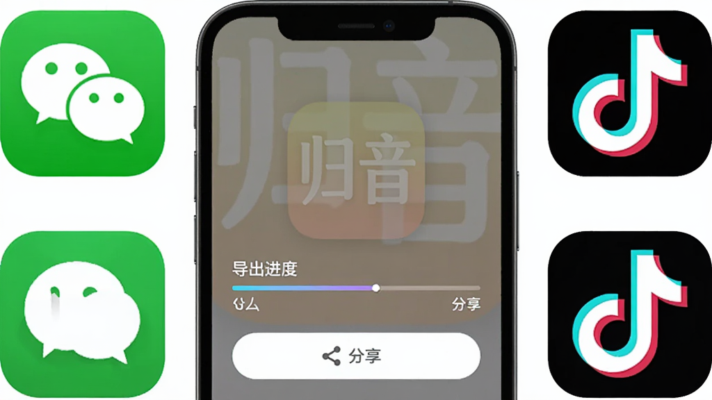 归音音频导出分享界面,手机屏幕显示导出进度条与分享按钮,背景有归音应用图标水印,周围环绕着微信、QQ、抖音等社交平台图标,风格现代简洁,排版有序,画质干净无多余元素