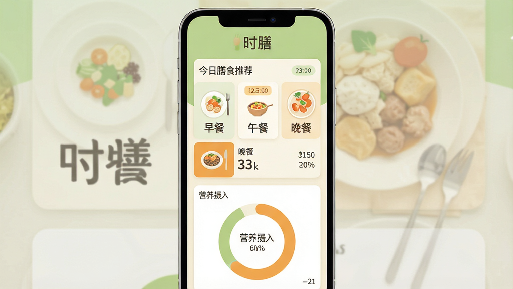 一张手机应用界面展示图,画面中央是一部竖屏智能手机,屏幕内显示