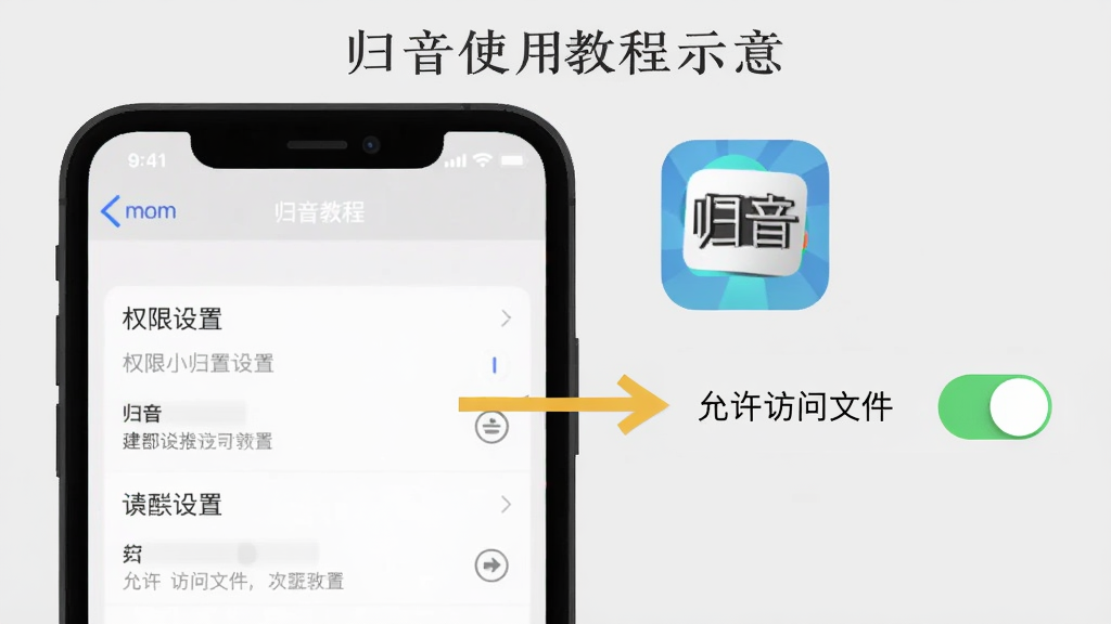 归音使用教程示意图,手机屏幕显示权限设置页面与归音应用图标,旁边有箭头指向“允许访问文件”开关,背景为浅灰色,风格扁平化,细节清晰,画质干净无多余元素