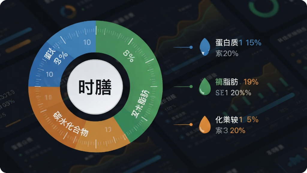 一张数据可视化图表展示图,画面中央是一个圆环状营养分析图,图表中心有
