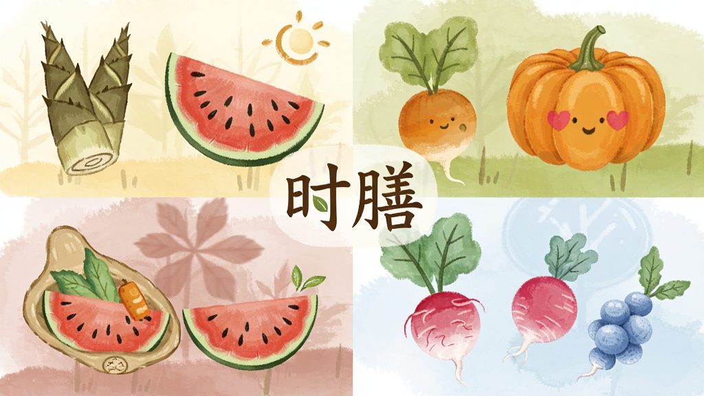 一张四季食材主题插画,画面分为四个区域分别代表春夏秋冬,每个区域展示当季代表性食材如春笋、西瓜、南瓜、萝卜等,画面中央有