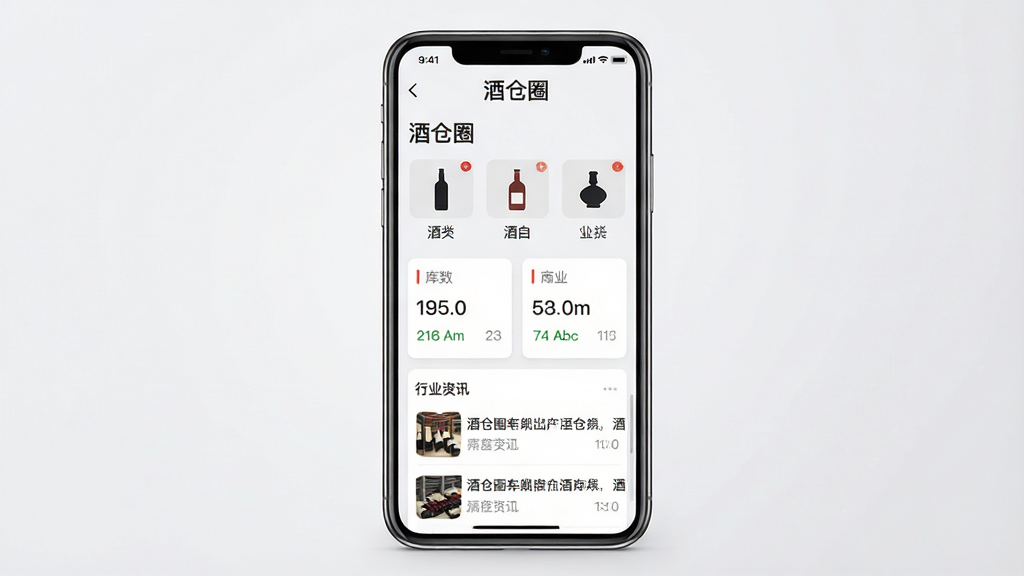 一张展示“酒仓圈”软件主界面的手机应用截图,画面中央是一部竖直放置的智能手机,手机屏幕显示“酒仓圈”应用首页,页面顶部有“酒仓圈”文字标识,下方排列着酒品分类图标、库存数据卡片和行业资讯列表。背景为干净的浅灰色渐变,风格简洁现代,细节清晰,画质高清,画面干净无多余元素。
