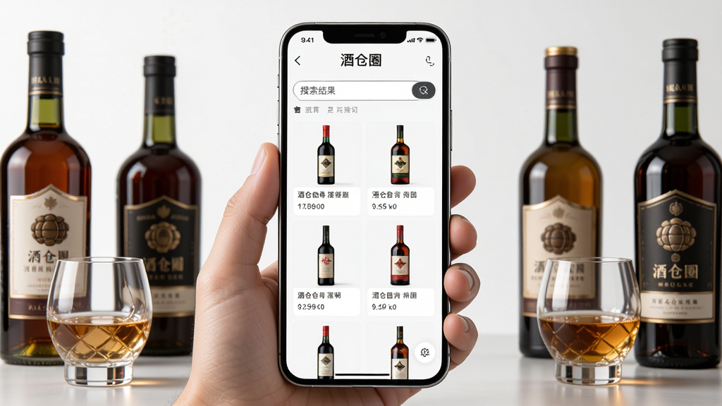 一幅展示“酒仓圈”酒品信息查询功能的AI生图,画面主体是一部智能手机,屏幕中显示“酒仓圈”搜索结果页面,页面内排列着多款酒瓶的缩略图与文字介绍,手机旁边散落着几个精致的酒瓶和酒杯作为装饰。布局采用居中构图,风格写实且带有科技感,细节丰富,画质高清,背景干净无多余元素。
