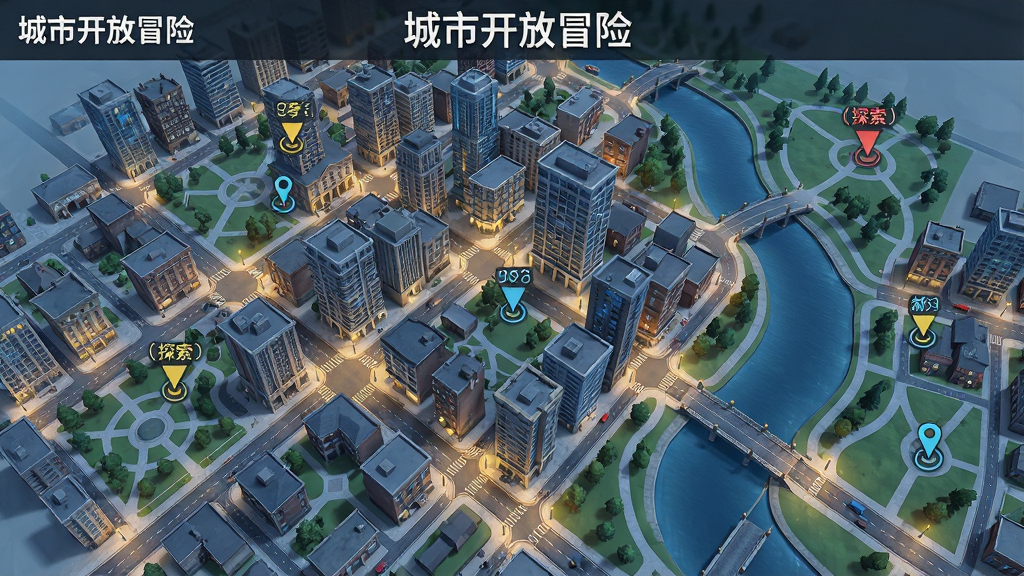 一张展示“城市开放冒险”游戏内无缝都市地图的截图风格图片,画面以俯视角度呈现城市全貌,可以看到道路、建筑群、公园、河流与桥梁,地图上标注了多个任务点与探索区域,界面简洁清晰,顶部有“城市开放冒险”游戏名称,整体风格为现代都市写实渲染,色彩以蓝灰与暖黄路灯为主,画质高清,干净整洁