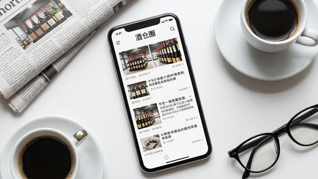 一幅展示“酒仓圈”行业资讯功能的AI生图,画面主体是一部智能手机,屏幕显示“酒仓圈”资讯列表页面,页面中有新闻标题、缩略图和发布时间。手机周围环绕着报纸、咖啡杯和眼镜等元素。布局采用俯视角度,风格清新自然,细节丰富,画质高清,背景干净无多余元素。