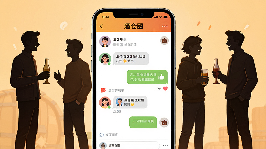 一张表现“酒仓圈”社区互动功能的AI生图,画面主体是一部手机,屏幕显示“酒仓圈”社区聊天界面,界面中有用户头像、对话气泡和点赞图标。手机周围有几个人物剪影正在交流。布局采用环绕式构图,风格温暖活泼,细节清晰,画质高清,画面干净无多余元素。