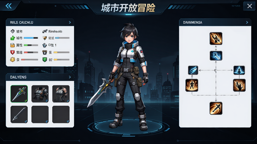 一张“城市开放冒险”角色养成界面图,画面中央是角色全身立绘,周围环绕属性面板、装备栏与技能树图标,背景为深色科技感界面,带有“城市开放冒险”游戏标识,风格简洁现代,高清画质,排版整齐