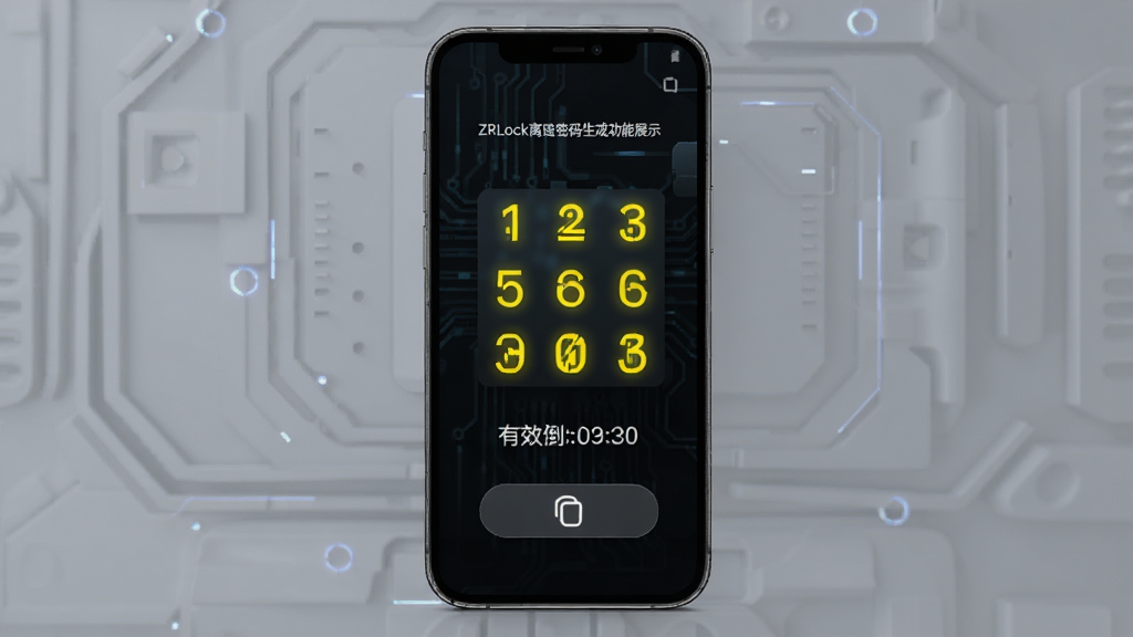 ZRLock离线密码生成功能展示,画面中手机屏幕显示一个六位数字密码和有效时间倒计时,旁边有复制按钮,背景是深色科技感界面,密码数字用高亮黄色显示,整体排版居中,风格简约科技,画质高清,干净无多余元素