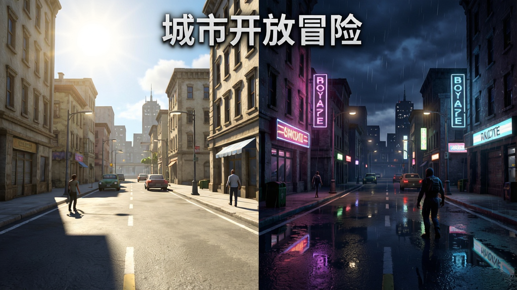 一张“城市开放冒险”游戏昼夜天气对比图,画面分为左右两部分,左侧是白天阳光下的城市街道,右侧是夜晚雨中的同一条街道,霓虹灯倒映在湿滑路面上,整体风格写实渲染,色彩对比鲜明,画面干净,高清画质,带有“城市开放冒险”字样