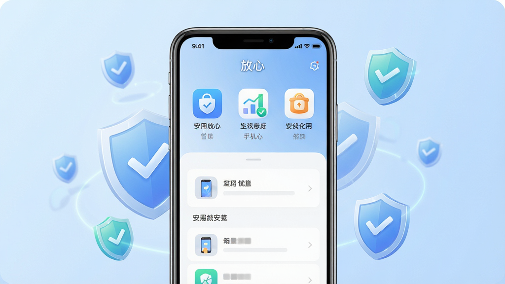 一张展示“放心”手机应用主界面的高清预览图,画面中央是一个简洁的手机屏幕,屏幕内显示应用图标和清爽的首页布局,背景为柔和的浅蓝色渐变,四周环绕着代表安全与防护的盾牌和勾选符号,风格现代科技感,细节清晰,画质干净明亮,无多余元素,图片中带有“放心”文字标识。