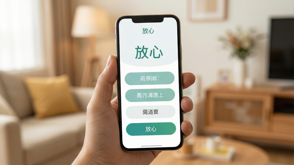 一张展示“放心”应用极简操作界面的图片,主体为一只手拿着手机,屏幕上显示着大字体、大按钮的简洁菜单,菜单项清晰可见,背景为温馨的家居环境虚化,布局突出手机屏幕内容,风格写实生活化,细节丰富,画质明亮,无多余元素,图片中带有“放心”文字标识。