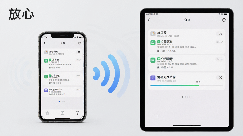 一张以“放心”应用消息同步功能为核心的AI生成图,画面中央是一部手机和一台平板电脑并排摆放,两者屏幕上都显示着相同的通知列表和进度条,中间有无线信号波纹连接,背景为浅灰色极简风格,布局左右对称,风格现代商务,细节清晰,画质干净,无多余元素,图片中带有“放心”文字标识。