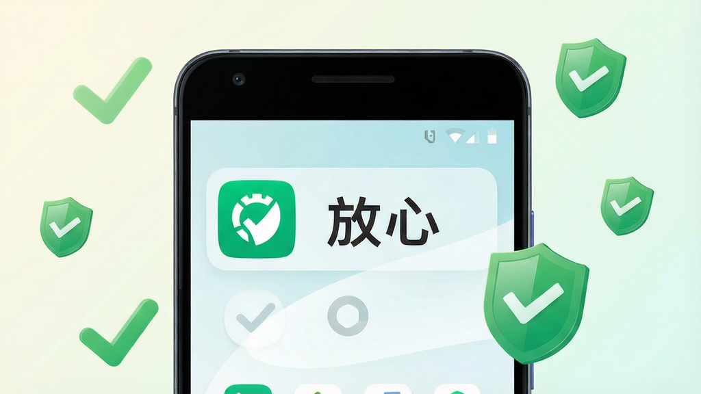 一张展示“放心”应用在手机桌面上正常运行的示意图,画面主体是一部安卓手机,屏幕上显示应用图标和流畅运行的界面,周围环绕着绿色的对勾和盾牌图标,背景为浅色渐变,布局简洁明了,风格清新明快,细节清晰,画质干净,无多余元素,图片中带有“放心”文字标识。