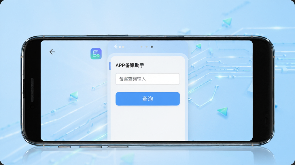 主体是APP备案助手软件界面在安卓手机屏幕上展示,布局为手机正面居中放置,背景是浅蓝色科技感渐变,排版上软件界面清晰显示备案查询输入框和查询按钮,风格为现代简约扁平化设计,细节包括手机边缘反光、界面图标精致、整体色调清爽,画质为高清渲染,干净无多余元素