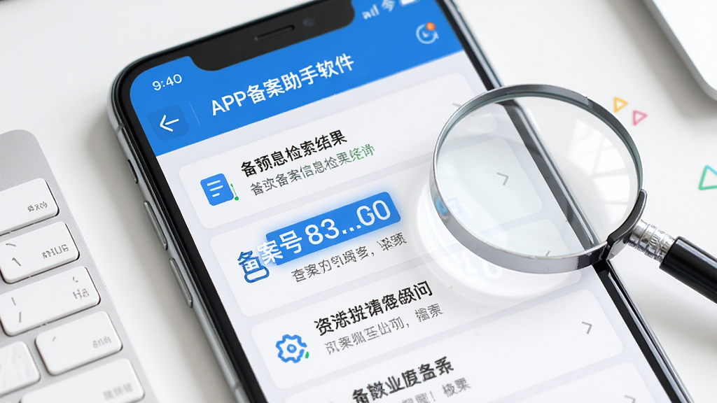 主体是APP备案助手软件中备案信息检索结果页面特写,布局为手机屏幕居中展示查询结果列表,背景为白色桌面环境,排版上查询结果条目分明、备案号高亮显示,风格为清新商务科技风,细节包括界面文字清晰、图标简约、有放大镜元素点缀,画质高清,干净无多余元素
